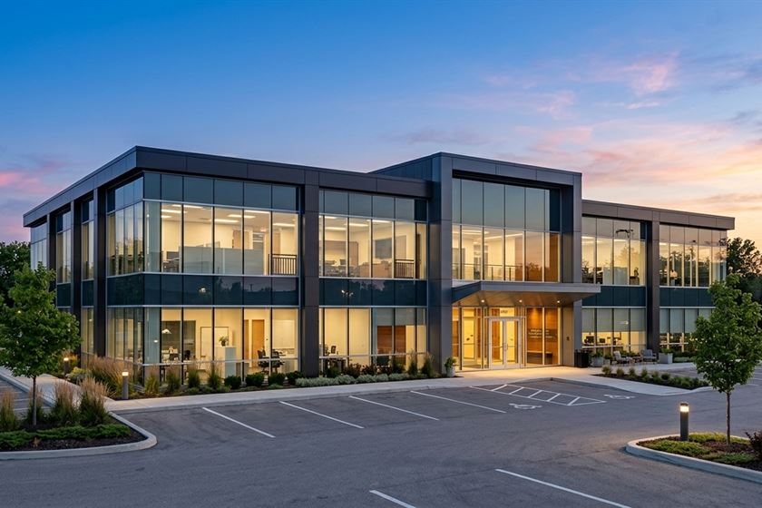 A commercial office building at dusk